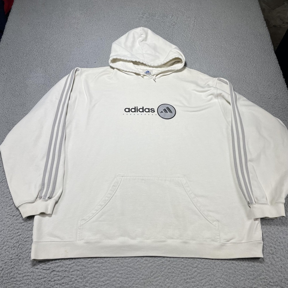 Adidas Hoodie Mens XL White Pullover 3 Stripe Logo Kangaroo Sweatshirt Vintage
